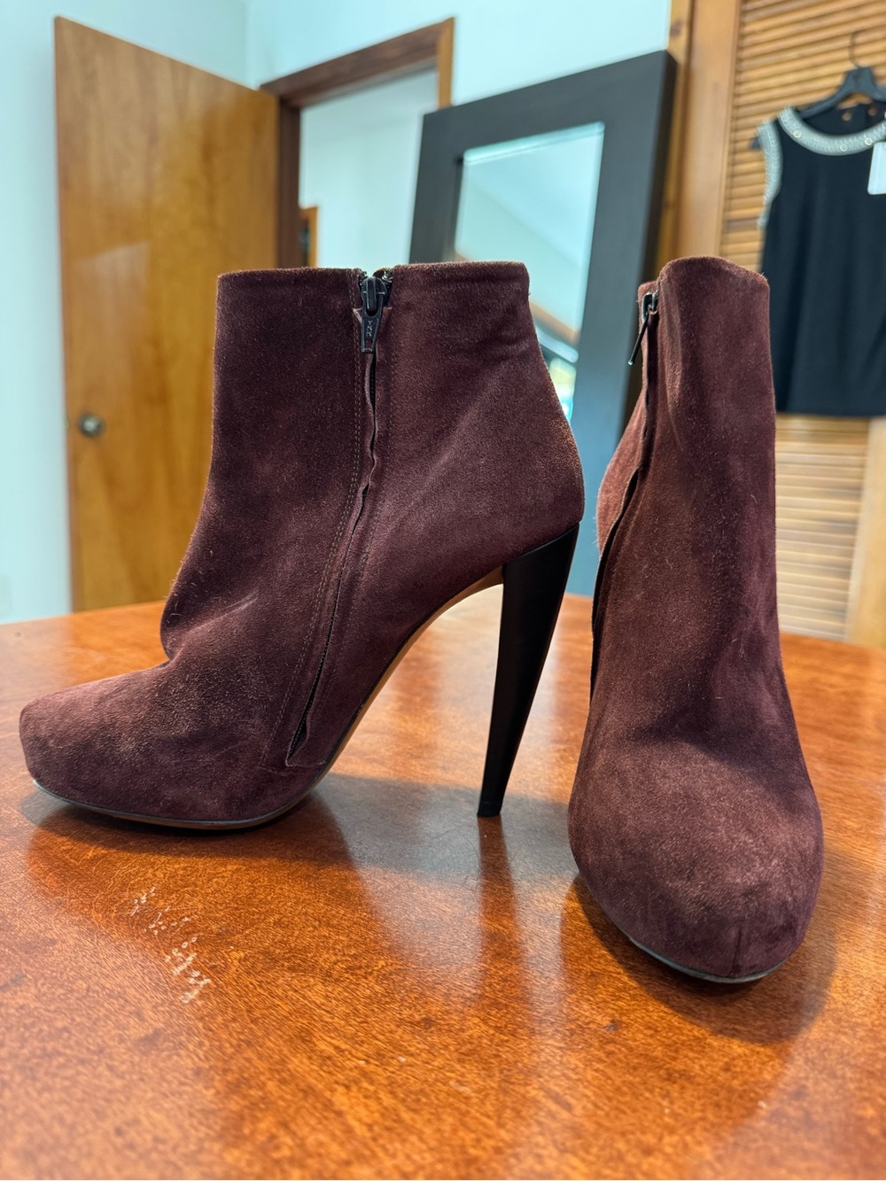 Maison Martin Margiela Burgundy Suede High-Heel Ankle Booties